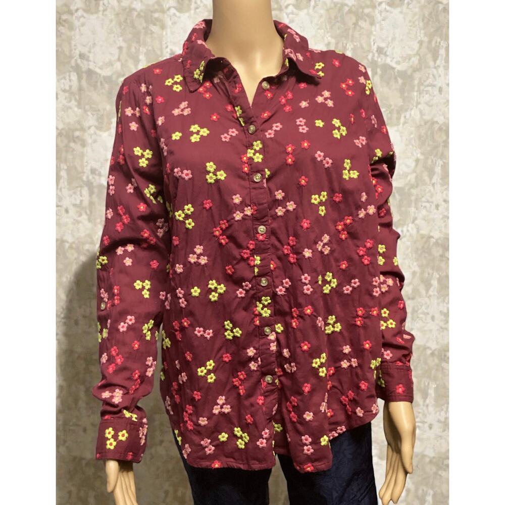 Anthropologie Maeve Embroidered Buttondown Blouse red floral embroidery L
